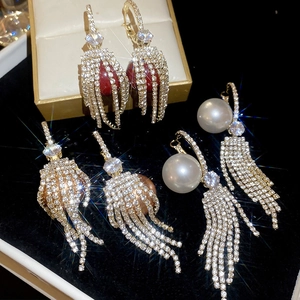 Long Tassel Hoop Earrings With Faux Artificial Pearl Rhinestone And 925 Sterling Silver Earring Post Elegant Luxury For Women