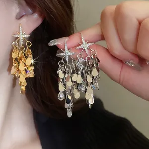 Boucles D'oreilles Étoile Franges Doré Cuivre Zircon Goutte D'eau Feuille Métal Tige Argent Sterling 925 Pour Femmes