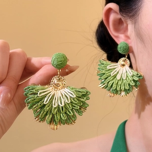 Elegant green and white raffia fan drop earrings with gold studs for summer vacation style