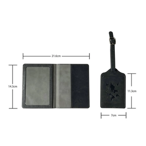 Detailed dimensions of dark grey world map passport holder and black luggage tag set