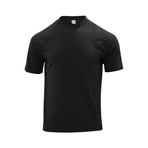 Detailed macro view of black waffle texture knit on a breathable polyester men's T-shirt