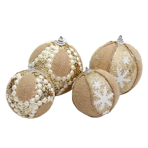 Set of 4 burlap Christmas balls with snowflakes, gold glitter and pearls ornaments