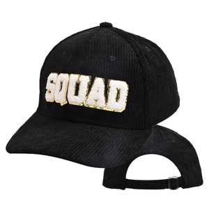 Corduroy baseball cap with SQUAD embroidery and adjustable back strap in black