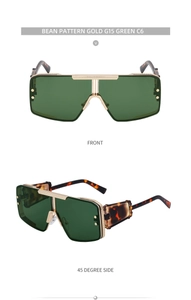 Front and 45-degree side view of oversized gold steampunk sunglasses with tortoiseshell arms