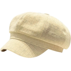 Beige plaid newsboy cap with textured pattern and classic octagonal shape for women