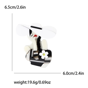 Detailed view of acrylic lady brooch dimensions 6.5x6.0cm and weight 19.6g on white background