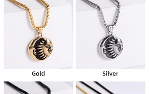 Detailed view of retro yin yang sun and moon pendants in gold, silver and black finishes