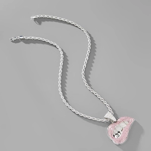 Collier hip hop avec chaîne corde et pendentif lèvres sexy en cristaux roses et argent