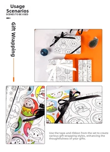 Detail view of DIY Christmas kraft wrapping paper set with Santa patterns and ribbons