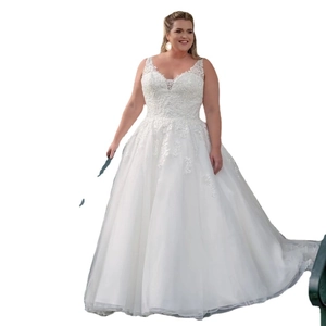 Elegant plus size white lace wedding dress with V-neckline and layered tulle skirt