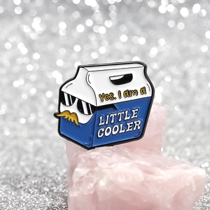 Cartoon milk box enamel pin with sunglasses and text Yes I am a LITTLE COOLER