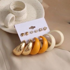 Detail of 6-piece earring set featuring gold studs and resin hoops on display card