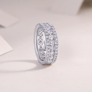 Polished S925 silver moissanite ring with multiple rows of sparkling round clear gemstones