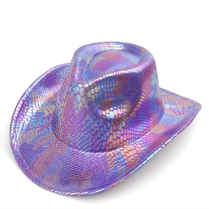 Macro shot of iridescent purple snakeskin pattern and scales on the western cowboy hat