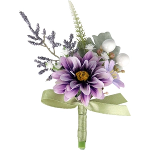 Groom suit boutonniere with purple daisy, lavender accents, pearls, and green ribbon bow