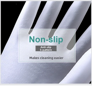 Detailed close-up of white translucent cleaning gloves featuring non-slip S-texture surface