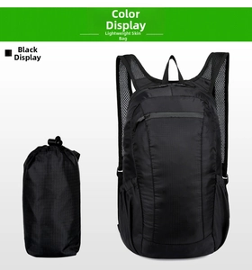 Macro detail of foldable black waterproof nylon backpack showing compact storage design