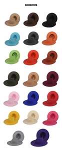 Grid display of wide brim wool fedora hats in twenty different vibrant colors