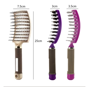 Detailed dimensions of curved vented hairbrushes in gold, purple, and rose red colors