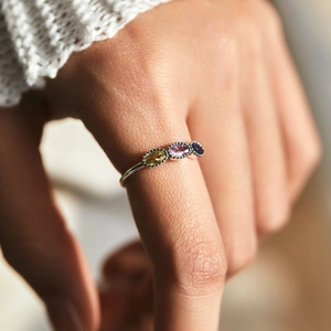 Minimalist S925 silver ring featuring three colorful oval gemstones in a claw setting