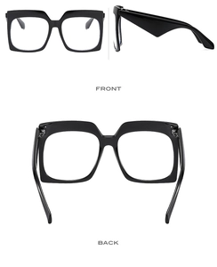 Three-way view of thick black square frame glasses showing front and back design