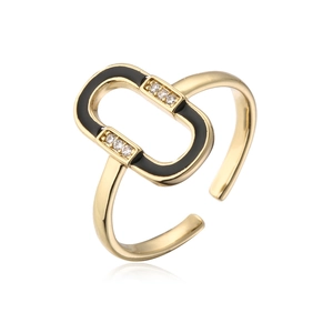 Detail of 18K gold-plated open ring with black enamel and white zircon inlay