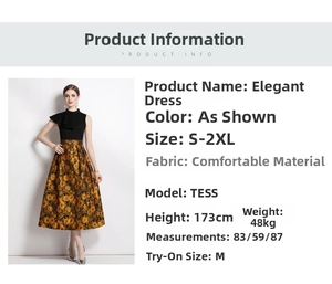 Detail view of heavy jacquard floral skirt with high-collar ruffle bodice and size chart