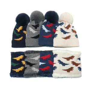 Kinder Winter Dinosaurier Mütze Und Schal Gestrickt Acryl Warm Fleece Gefüttert Bommel Süß Für Jungen Mädchen