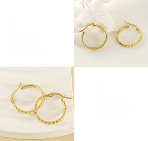 Detail of 18K gold-plated titanium steel hoop earrings with 3D woven texture and polish