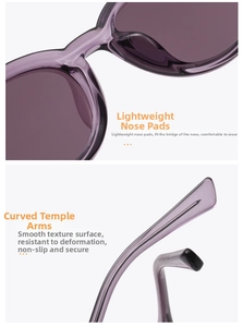 Detail of ergonomic nose pads and non-slip curved temples on purple TR90 sunglasses