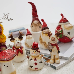 Vintage Christmas Ceramic Figurines With LED Lights Hand Painted Santa Snowman Reindeer Mushroom Desktop Holiday Decor