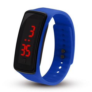 Blue silicone strap LED digital watch with red numbers on a rectangular black screen