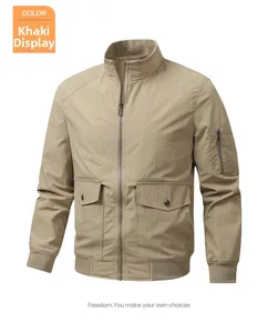 Close-up of khaki bomber jacket showing utility sleeve pocket and ribbed knit cuffs