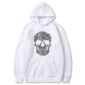 White long-sleeve hoodie with silver glitter skull print and front kangaroo pocket