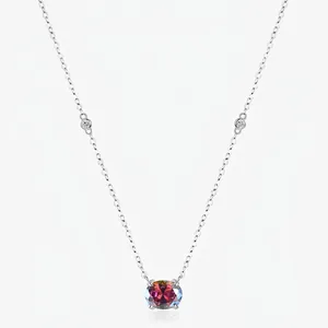 925 Sterling Silver Necklace For Women With Round Colorful Cubic Zirconia Rainbow Gemstone Pendant Elegant Adjustable Chain