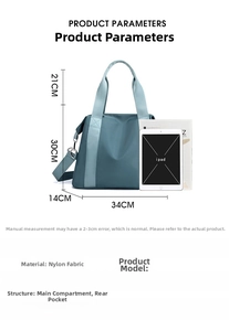 Blue nylon tote bag product parameters and dimensions with iPad size comparison
