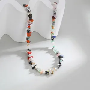 Multicolor Crushed Stone Necklace For Women Men Minimalist Stainless Steel Handmade Irregular Bead Choker Fashion Jewelry Gift