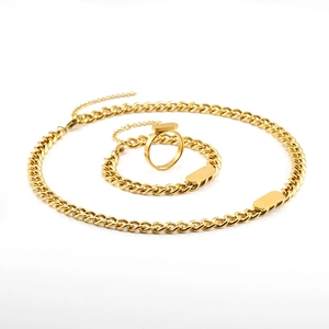 Detail of 18K gold-plated stainless steel Cuban link jewelry set with rectangular nameplates
