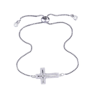 Adjustable cross bracelet with pavé cubic zirconia and box chain in silver finish