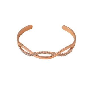 Rose gold stainless steel C-shape twisted open bangle with sparkling cubic zirconia