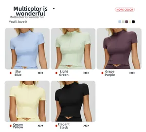 Dettaglio maglia da yoga a maniche corte con mezza zip disponibile in vari colori