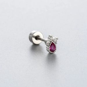 Elegant stainless steel heart earring with red crystal and crown detail on grey surface