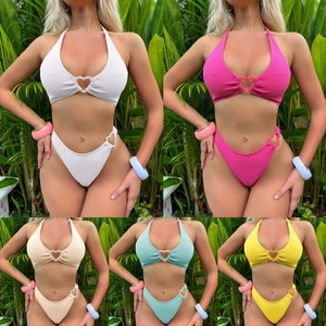 Bikini Top And Bottom Textured Halter Swimsuit Heart Buckle High Cut Beachwear Vacation Women