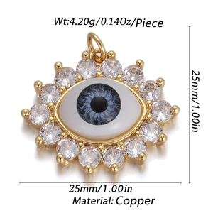 Detail of copper Evil Eye pendant with white zircon insets showing dimensions 25mm x 25mm