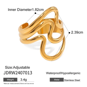 Adjustable golden stainless steel wave ring with pearl accent, waterproof and hypoallergenic