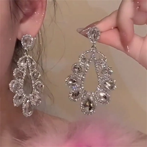 Silver needle waterdrop drop earrings with sparkling crystals and elegant hollow design