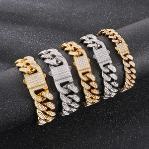 Men's Hip Hop gold and silver stainless steel Cuban link bracelets with iced out rhinestones