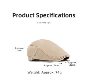 Beige flat cap dimensions showing 10cm height and 6cm brim with metal side buckles