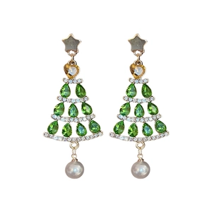 Vintage Christmas tree earrings with green crystals, star top and pearl tassels