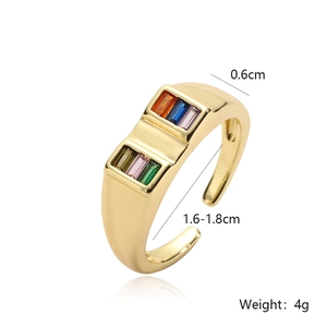 Detailed size chart of gold geometric open ring with colorful rectangular gemstones
